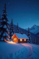 Fototapeta premium Snow-covered pines, glowing cabin, bright starry night sky, holiday season, winter wonderland