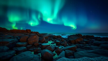 Northern lights aurora borealis green sky night ocean rocks landscape photography wallpaper background