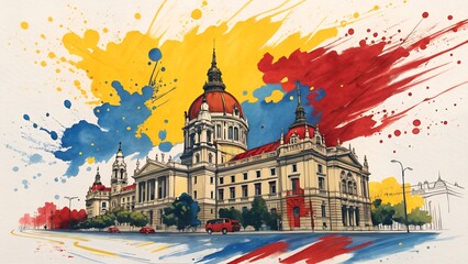 An artistic illustration depicting a grand building, possibly a government building or historical landmark, rendered in a sketch-like style.