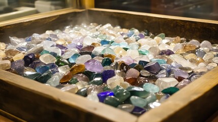 A jeweler's ultrasonic cleaning bath filled with freshly cut gemstones, removing fine dust.