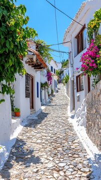 Sun-kissed whitewashed stone houses adorned with vibrant bougainvillea along cobblestone lane on beautiful Cunda Island
