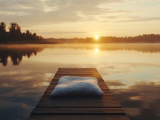 Serene sunrise over tranquil lake with wooden dock peaceful nature scene morning calmness scenic view