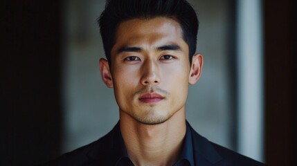 Fototapeta premium Closeup Portrait of a Serious Young Asian Man