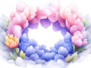 Watercolor illustration of floral circular wreath with pink and purple peonies resting on a soft cloud-like background design