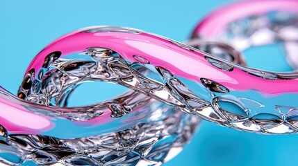 A Stunning 3D Illustration of a Crystalline Blob in Translucent Pink Ribbon Swirling Against a Light Blue Background