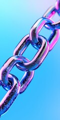Vibrant 3D Illustration of Intertwining Iridescent Blue and Pink Chain Links with a Bubbling Wet Appearance on Light Blue Background