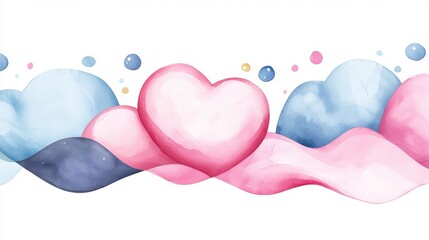 Vibrant watercolor illustration of a large pink heart amidst soft pink and blue cloud gradients in a retro 70s style design