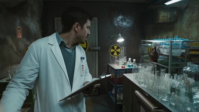 An underground bunker filled with laboratory equipment and biohazard symbols where intruders rummage through files and vials oblivious to the potential dangers surrounding them in the