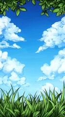 A Vibrant Illustration of a Tranquil Sky with Fluffy Clouds and Lush Green Grass Framing a Sleek, Plush Balcony Design