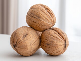 Three Rich-Textured Walnuts in a Triangular Stack Resting Elegantly on a Pristine White Surface Evoking Crystal Beauty