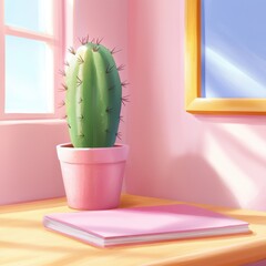 Serene office ambiance with soft lighting on a pink desk featu a vibrant green cactus in a pink pot beside a closed pink notebook