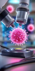 In a sterile lab, glowing screens highlight two microscope lenses focused on a pink virus particle and other viruses around it
