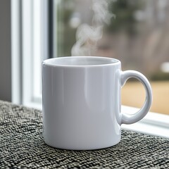A serene sunlit corner with steam rising from a white mug on textured surface near a window inviting a warm drink moment