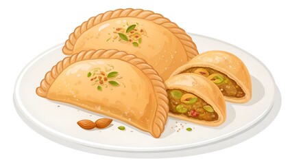 A colorful digital illustration of a plate of gujiya, a traditional Indian sweet, set against a white background.