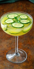 Refreshing cucumber cocktail with vibrant green hummus, garnished with cucumbers and basil in a chic stemmed coupe glass