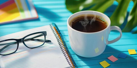 Sunlit room with an open notebook, steaming coffee cup, eyeglasses, colorful sticky notes, and a tropical plant scene.