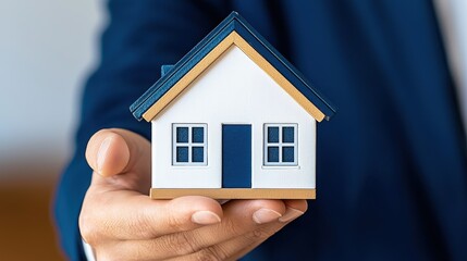 Close-up of a polished real estate agent's hand presenting a small white house model in a bright sunlit interior room