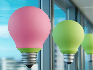Sunlit Modern Office with Pink and Lime Green Lightbulbs Resembling Post-Its Creating a Vibrant Energetic Atmosphere