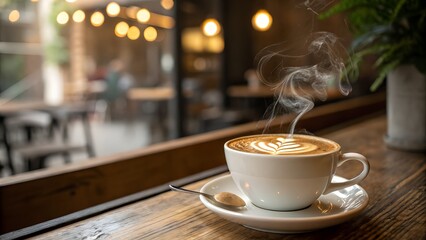 A cup of hot coffee with latte art sits on a wooden table in a cozy cafe setting