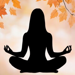 Serene black silhouette of woman meditating in tranquil grove surrounded by autumn leaves in shades of orange and brown