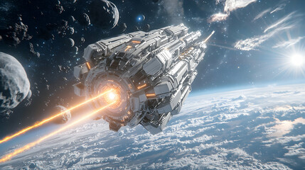 A massive spaceship fires a powerful beam across Earth. The ship hovers near asteroids. Use this image for sci-fi projects and digital art.