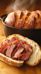 Rustic kitchen with bubbling cast iron pot of crusty bread and hearty sandwich featu thinly sliced caramelized meat