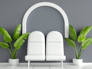Bright airport departure hall with sunlight streaming through window, sleek chairs and vibrant potted plants creating ambiance