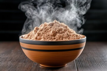 Velvety cocoa powder in a dark bowl emitting steam with rich brown hues highlighted against a shadowy background ambiance