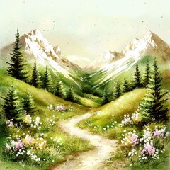 Serene Watercolor Landscape of a Winding Path Through Flower-Filled Valley led Between Majestic Snow-Capped Mountains