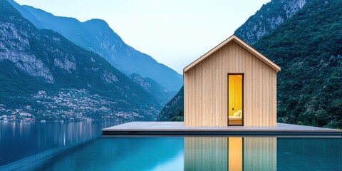 Exquisite wooden cabin overlooking tranquil lake and majestic mountains with an infinity pool in peaceful wooded setting