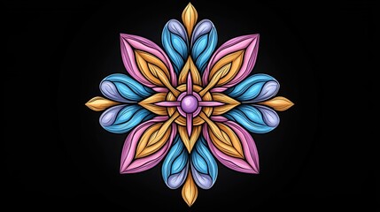 Stylized Pueblo-inspired stained-glass mandala art with flowing petal forms in pink, blue, and gold hues, centered design