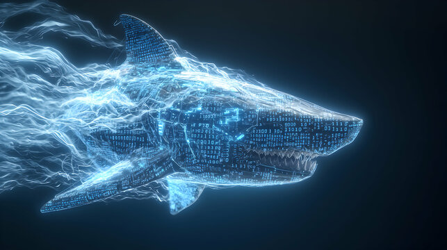 A digital shark swims through a dark space created from glowing data. It symbolizes cyber security and threat detection applications. It is futuristic.