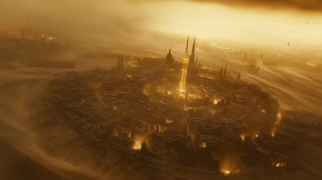 As dark clouds roll in the aerial view reveals the metropolis struggling against the encroaching onslaught of the sandstorm with flickering lights from buildings growing faint as if