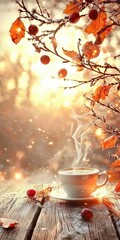 Sunlight Dances on Rustic Wooden Table with Steaming Coffee Surrounded by Autumn Leaves and Frosty Berries in Warm Light