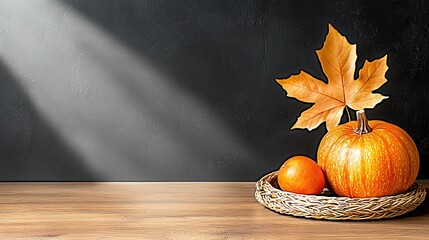 Sunlight Streaming Through Window Illuminates Pumpkin Clementine and Autumn Leaves on Woven Tray in Cozy Setting