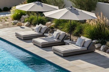 Fototapeta premium Poolside lounge with modular sun loungers and adjustable umbrellas for optimal sun protection.