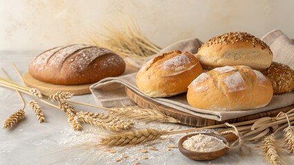 This image showcases a selection of freshly baked bread rolls and loaves arranged artfully on a textured surface.