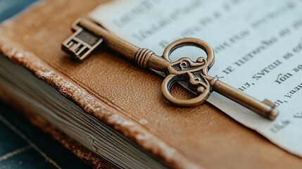 Antique key rests on aged leather book, hinting at secrets and knowledge.