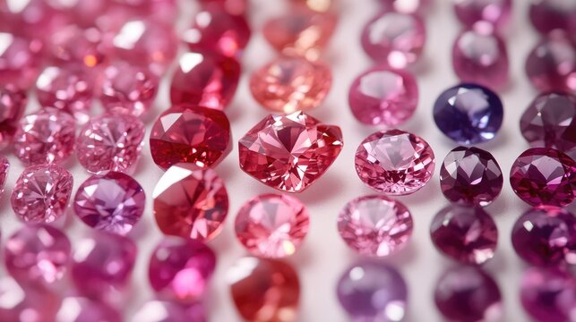 A luxurious tabletop display of high-quality spinel gemstones in shades of red, pink, and violet.
