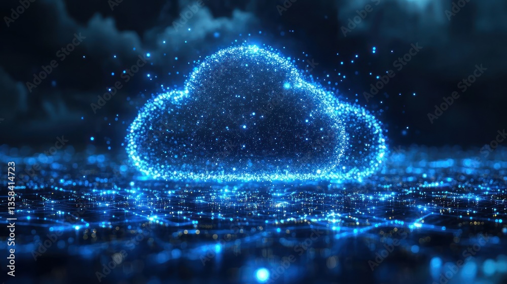Poster glowing cloud symbol above a city at night, representing digital technology and data storage.