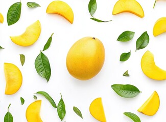 Obraz premium Fresh Mango Slices and Leaves on White Background