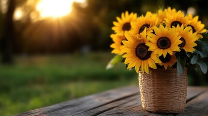 Sunflowers in a basket at sunset.  A bouquet of sunflowers in a woven basket sits on a rustic wooden table.  