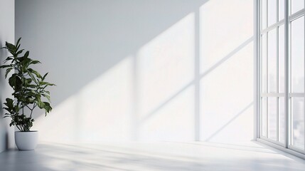Fototapeta premium Stylish White Office Wall Corner with Natural Light and Plant