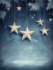 Fototapeta premium Enchanting twilight scene with silver stars dangling from lush emerald leaves above shimme hidden lagoons and landscapes