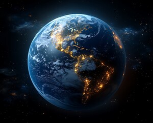 A rendered image showing planet earth in deep space at night