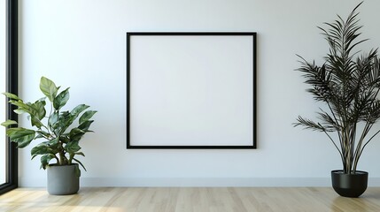 Sleek business frame displayed on a white wall in a minimalist office with wooden floor
