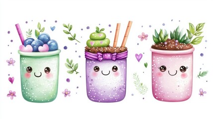 Adorable kawaii stickers featu blueberry smoothie, matcha dessert jar, and potted plant with cute faces and details