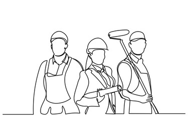 Single line drawing of a group of construction workers. men and women of different professions.continuous line group of workers team Labor with engineer team confident portrait. Workers and Labor Day.