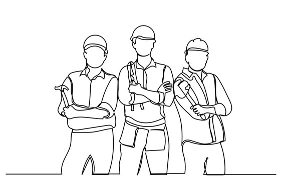 Single line drawing of a group of construction workers. men and women of different professions.continuous line group of workers team Labor with engineer team confident portrait. Workers and Labor Day.