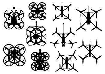 Quadrocopter air drones icon set for graphycs. Fpv drone vector silhouette.